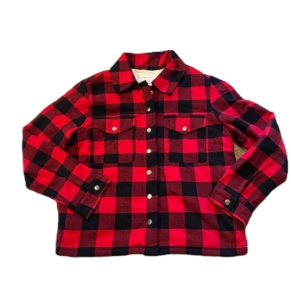 Lucky Brand Sherpa Lined Buffalo Plaid Button Down Jacket Small NEW Red Black - Picture 1 of 10